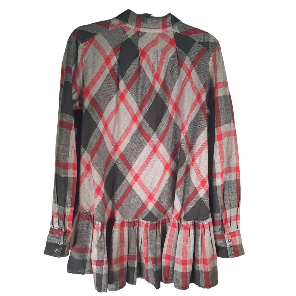 Free People Peppy In Plaid Gray Red Button Up Ruffle Back Oversized Blouse - Picture 10 of 11